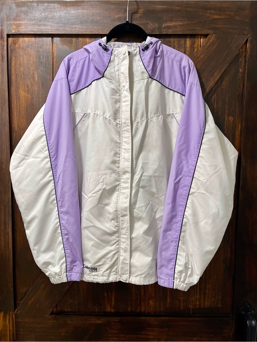 Columbia White and Lavender Hooded Windbreaker Jacket with Contrast Panels